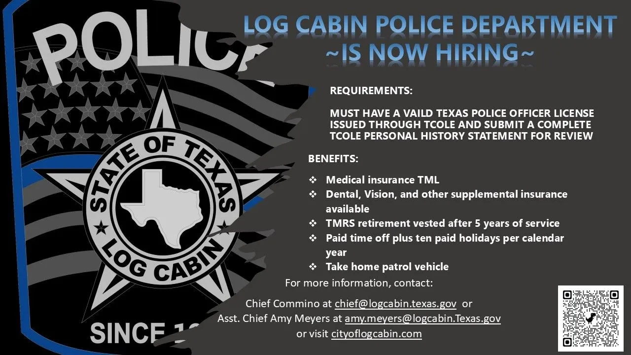 Log Cabin Police Department is now hiring flyer